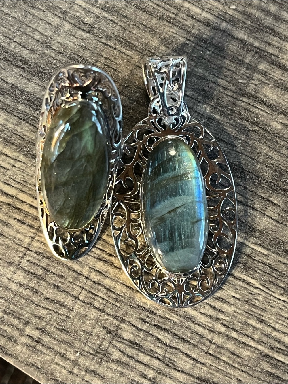 Sterling Silver Green Labradorite Oval Pendant and Ring Set. Sz 6 3/4-7 - Picture 3 of 9